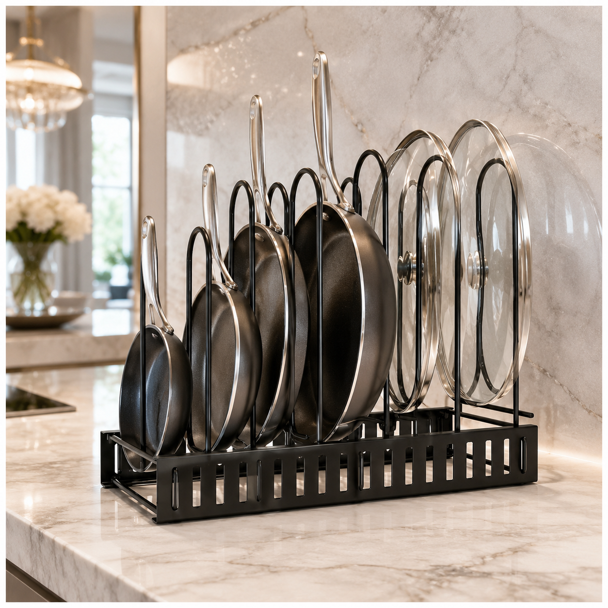 Essential Black Metal Adjustable Cookware Storage Rack-Cookware Organizer