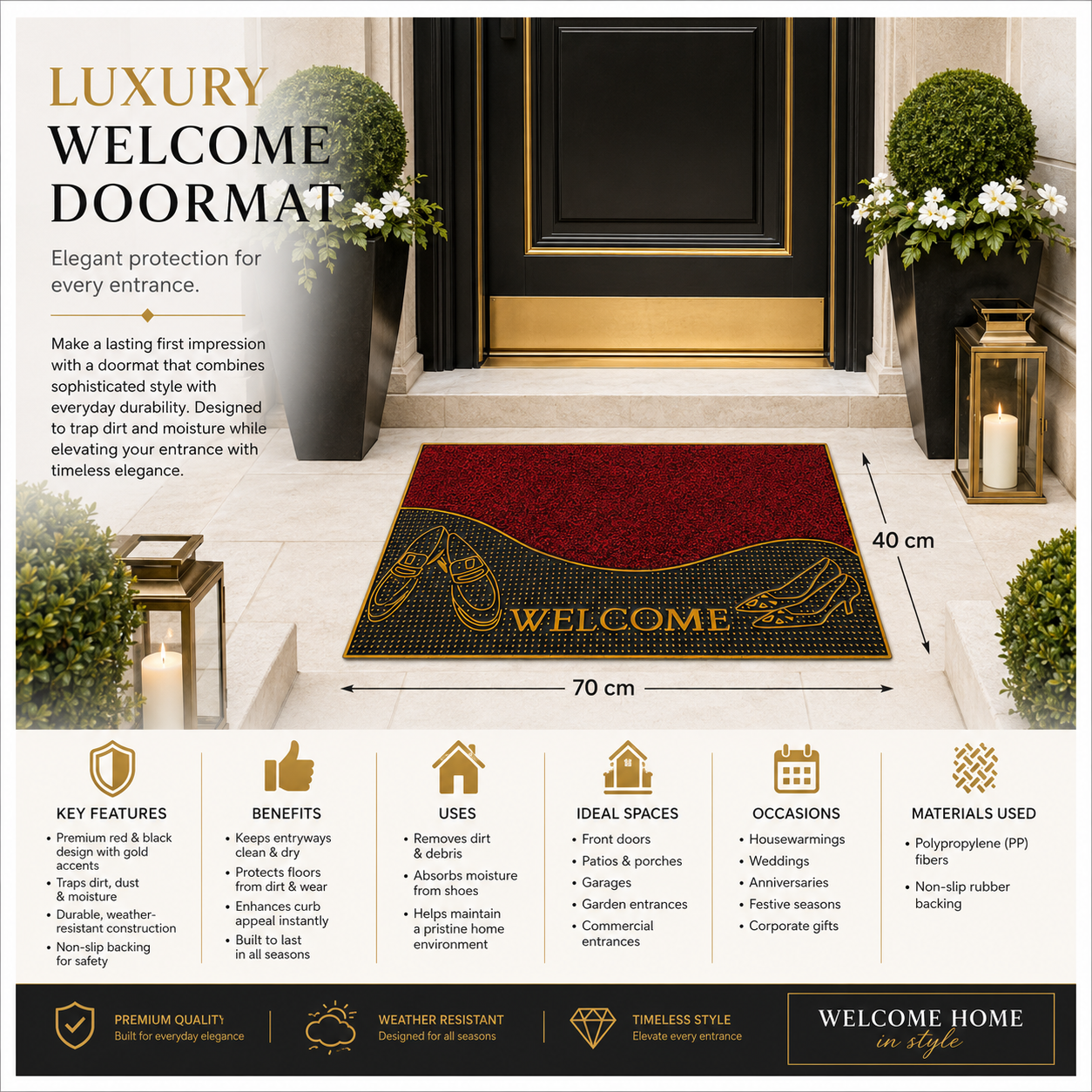 Heavy Outdoor Entrance Door Mat 70 x 40 cm | Non-Slip Dirt Trapper Rug