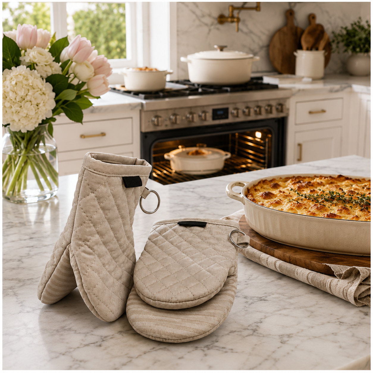 Quilted Compact Oven Mitt Set with Silicone Grip - Olive Brown