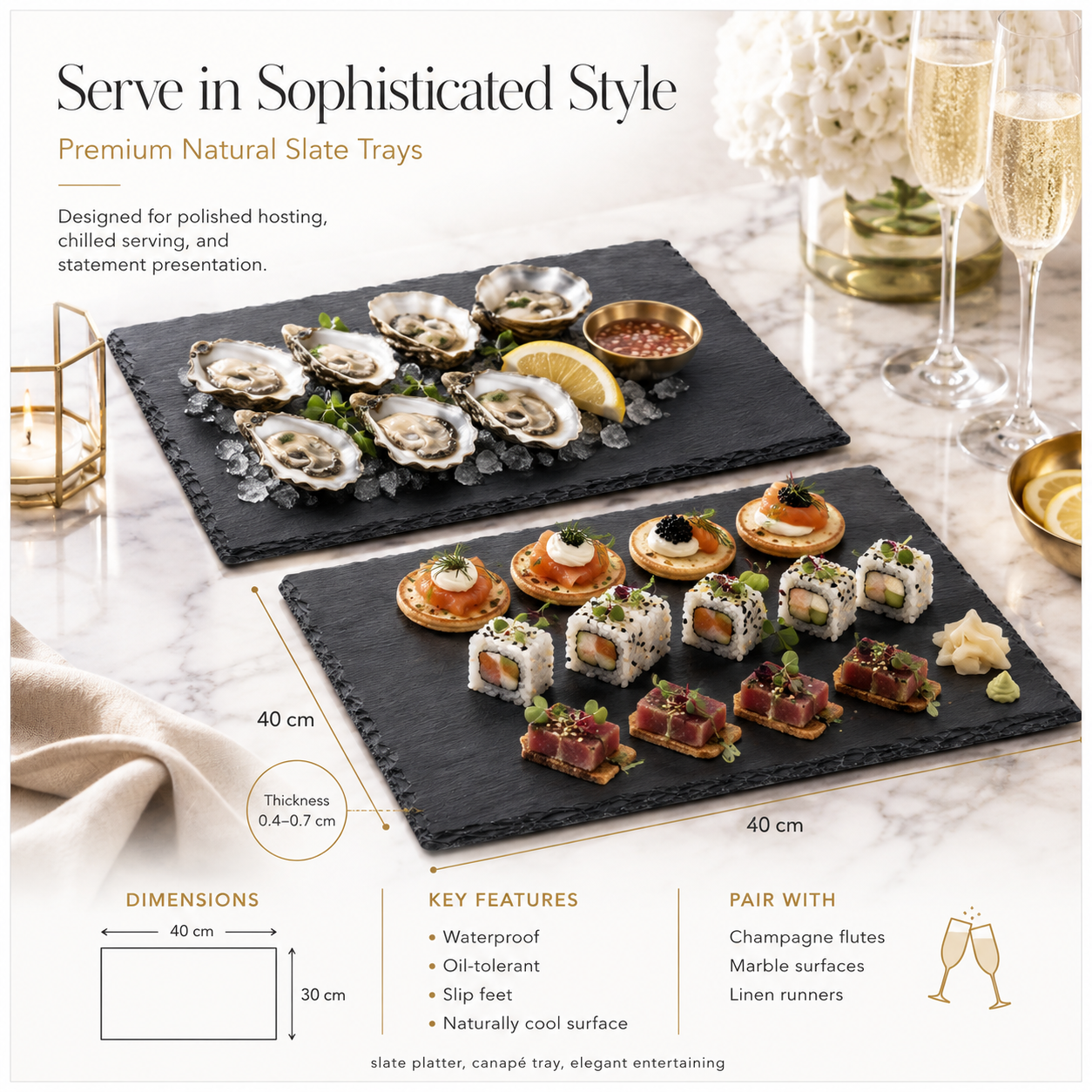 Elegant Two-Piece Natural Stone- Slate Serving Tray Set – 40 x 30cm