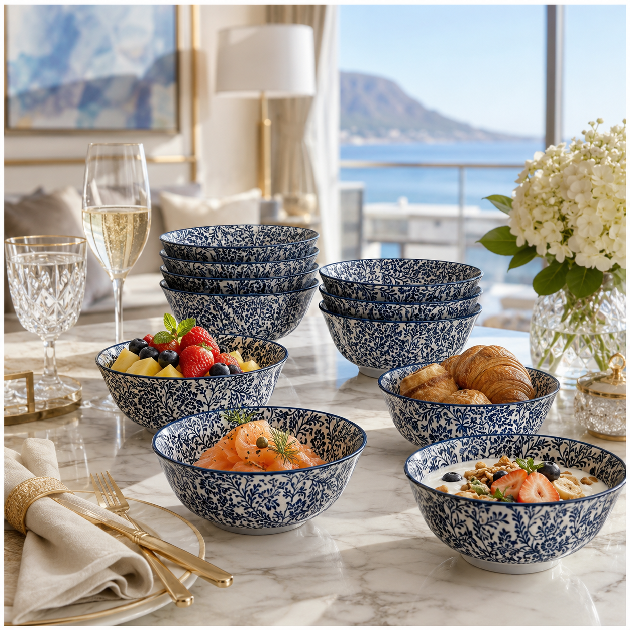 Elegant 10-Piece Blue White Porcelain Bowl Set - Beautiful Floral Serveware