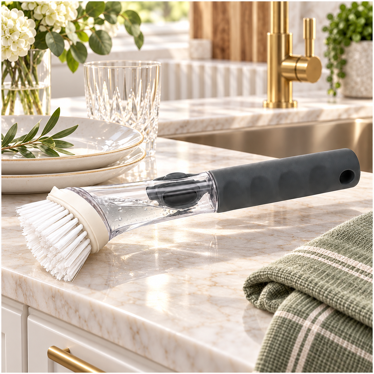 Essential Soap-Dispensing Dish Brush with Soft-Grip Handle – Grey