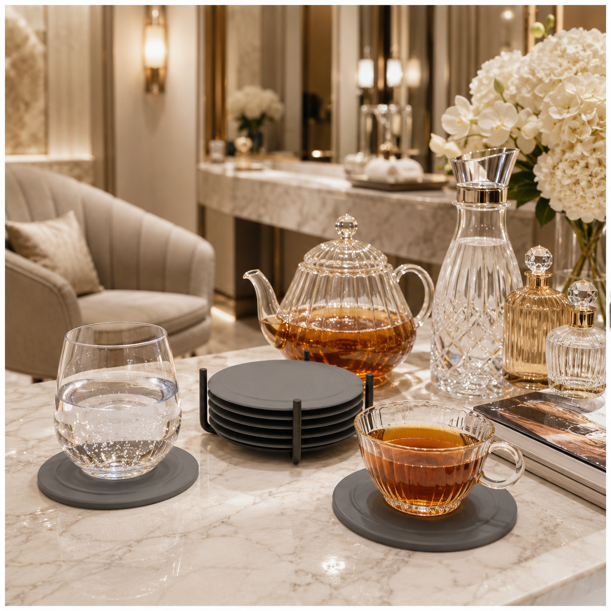 Grey Silicone Drink Coaster Set with Space - 6 Piece Set With Metal Holder