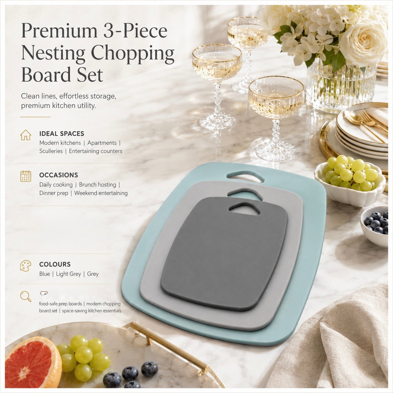 3-Piece Nesting Chopping Board Set – Food-Safe - Non-Slip - Dishwasher Safe