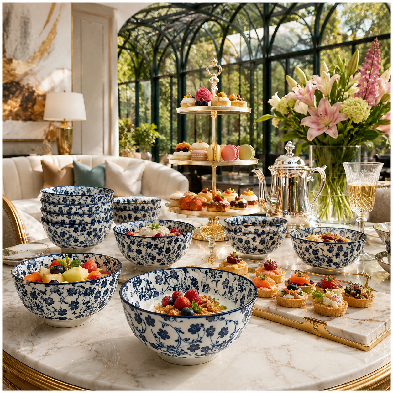 Elegant 10-Piece Blue and White Porcelain Starter Bowl Set