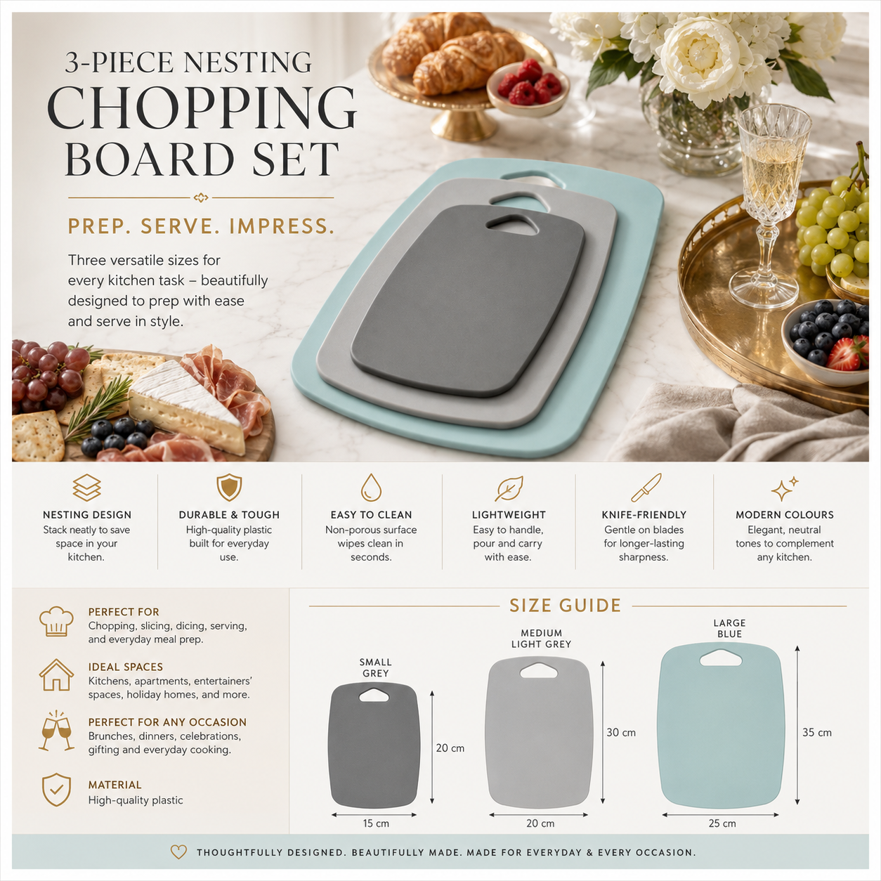 3-Piece Nesting Chopping Board Set – Food-Safe - Non-Slip - Dishwasher Safe
