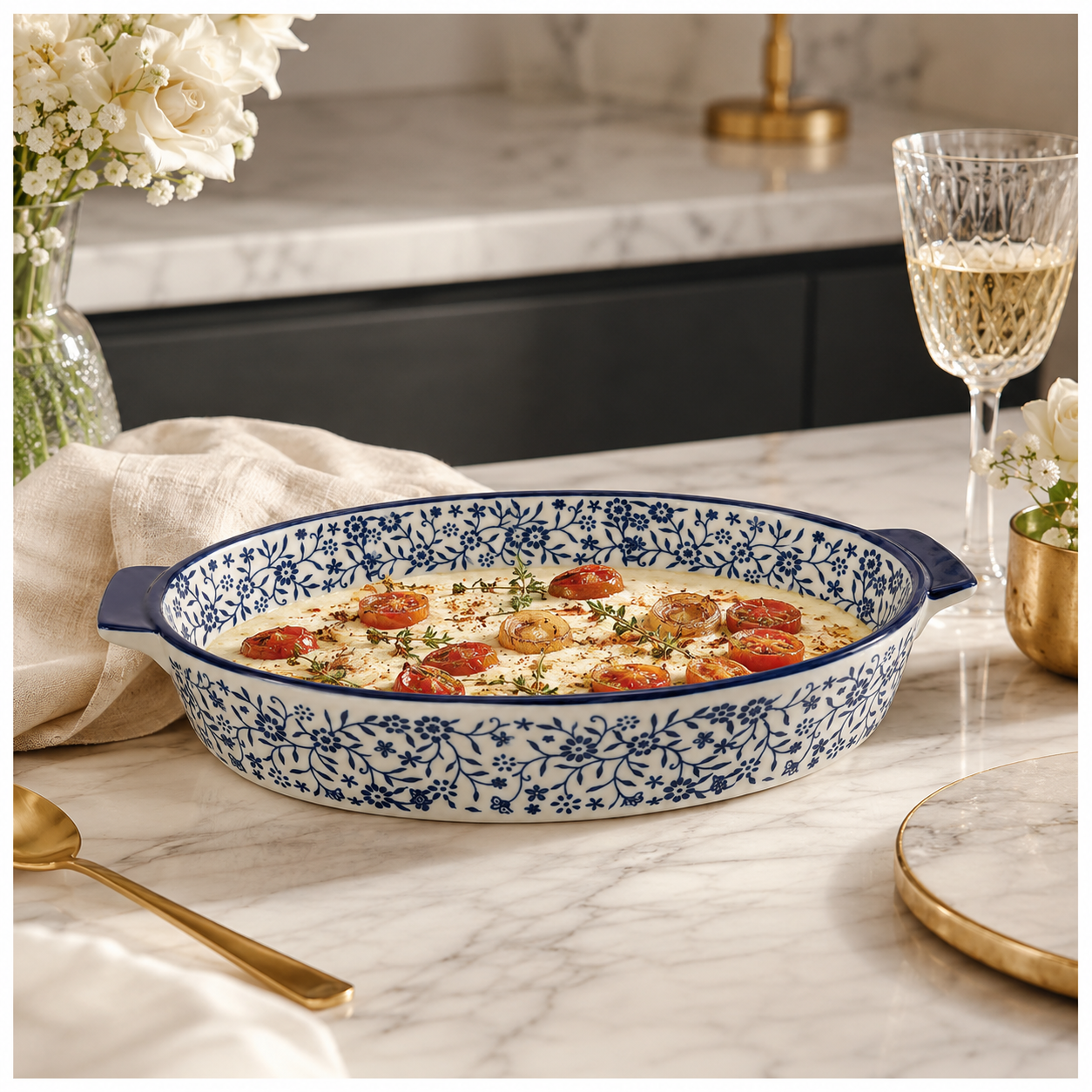 33cm Blue Floral Porcelain Oval Baking Dish with Handles