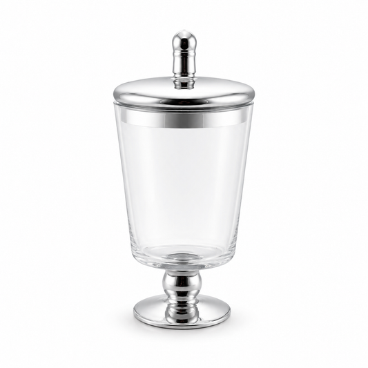 Elegant Decorative Glass Jar with Mirrored Silver Lid and base – 23.5cm