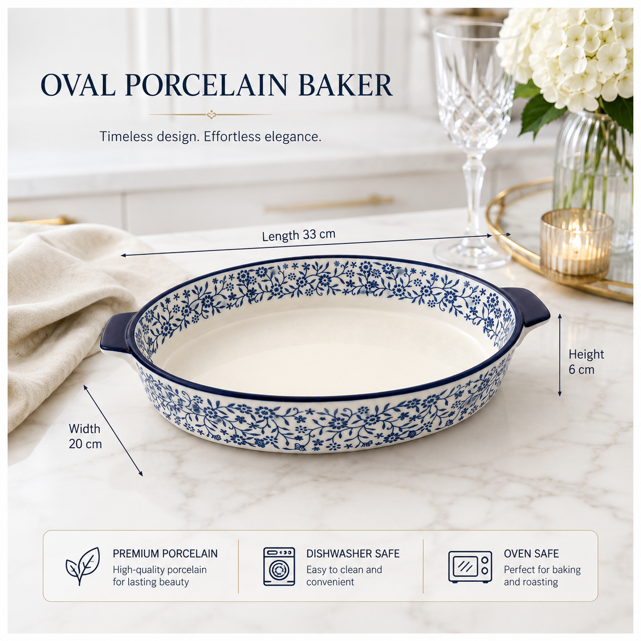 33cm Blue Floral Porcelain Oval Baking Dish with Handles