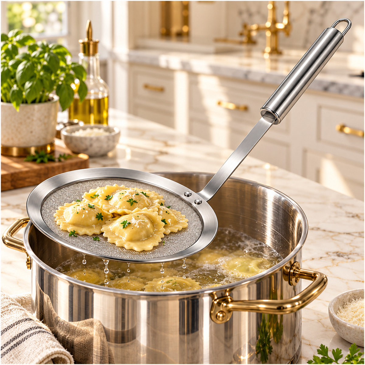 Stainless Steel Fine Mesh Strainer and Skimmer - Long Round Handle Silver