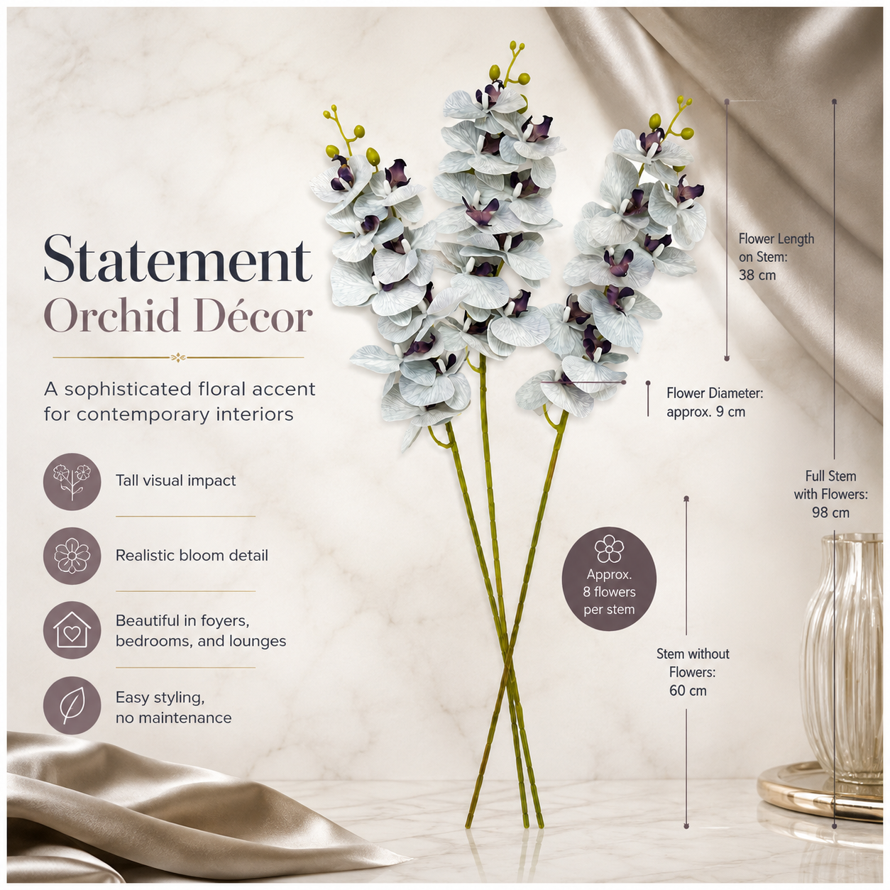 3 Piece Decorative Orchid Stem Set – Beautiful Tall Flowers -98 cm