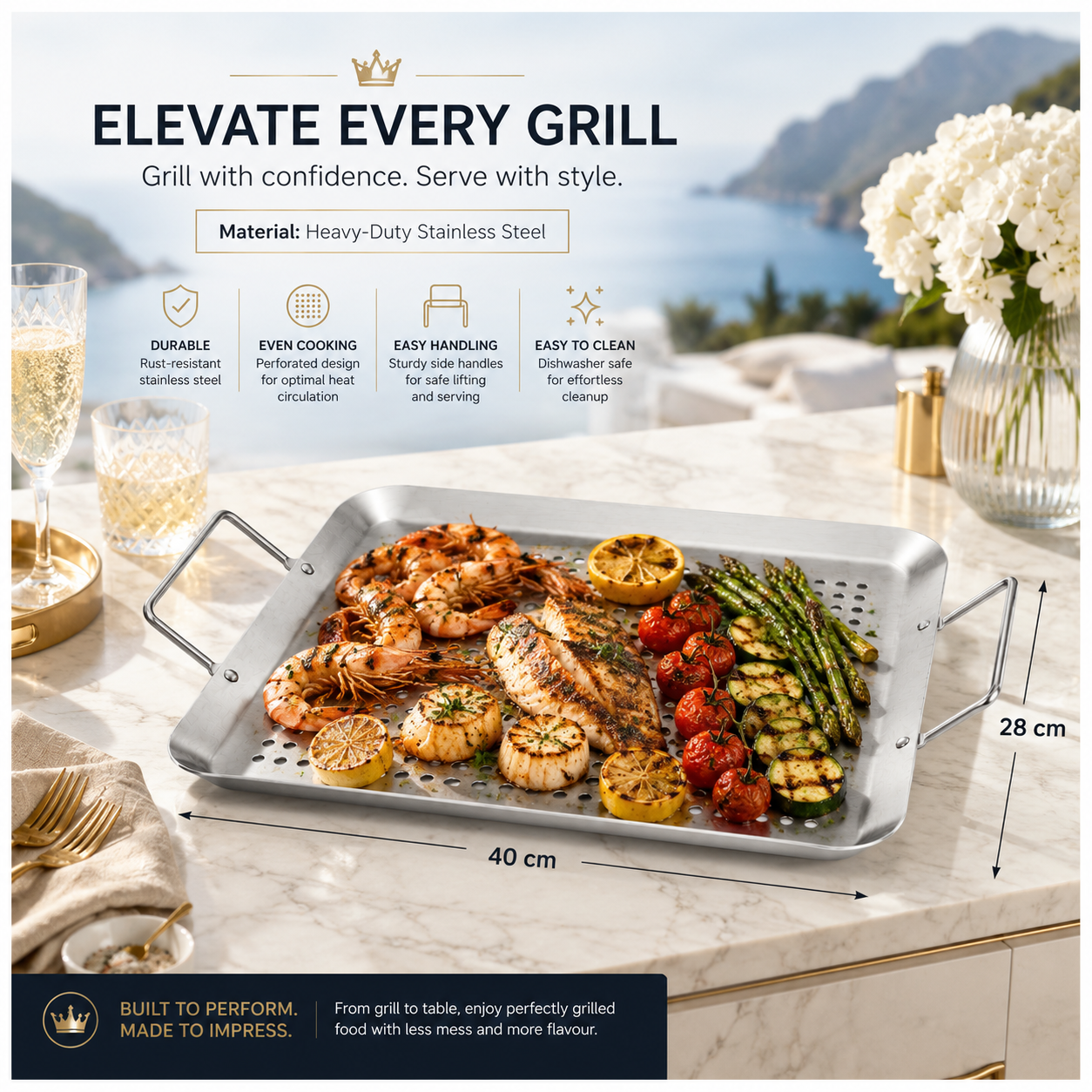 Heavy-Duty Stainless Steel Grill Basket with Handles for Braais – 40 x 28cm