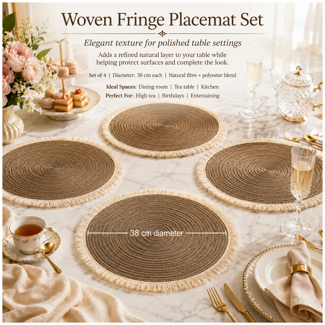 Essential 4-Piece Round Woven Fringe Placemat Set – 38 cm