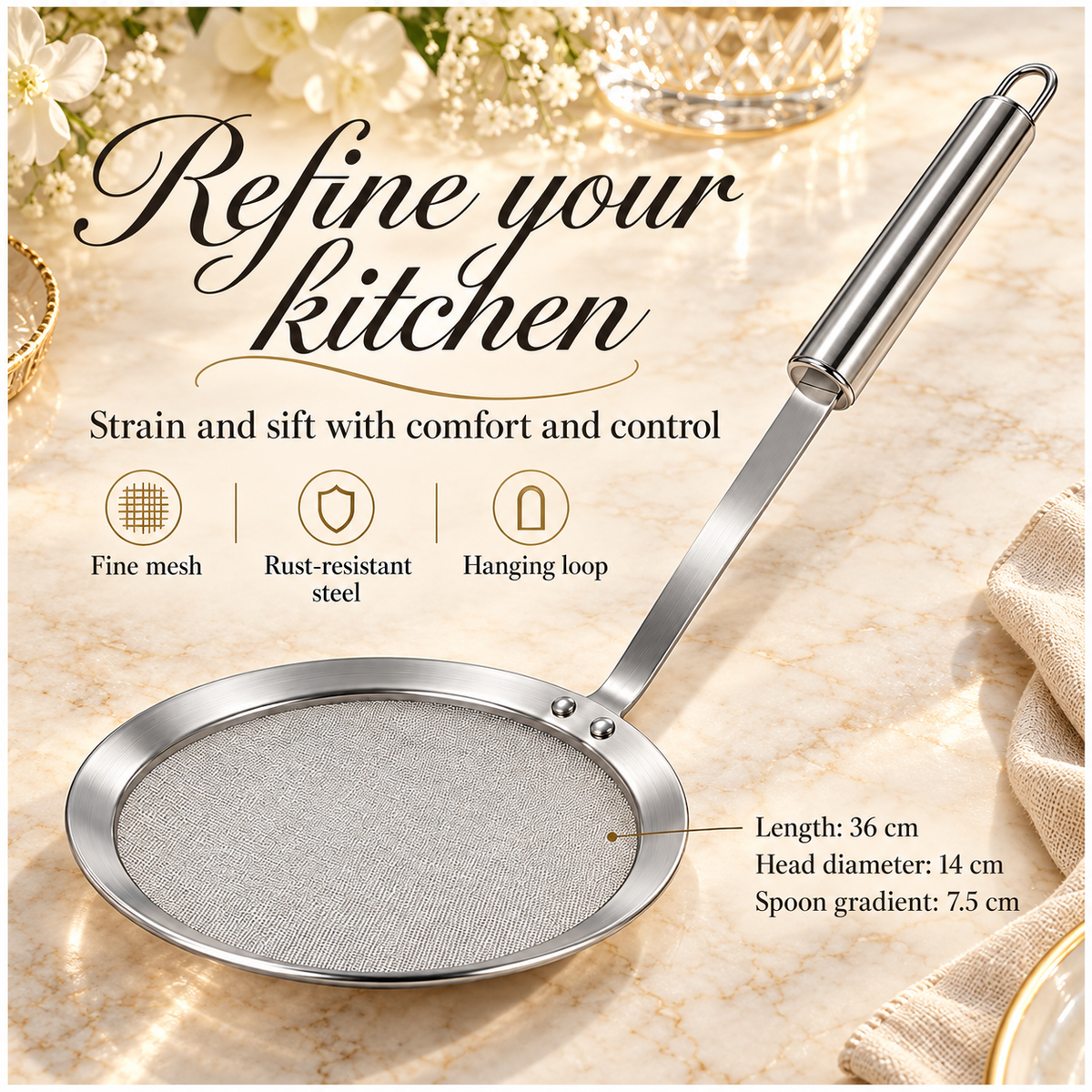 Stainless Steel Fine Mesh Strainer and Skimmer - Long Round Handle Silver