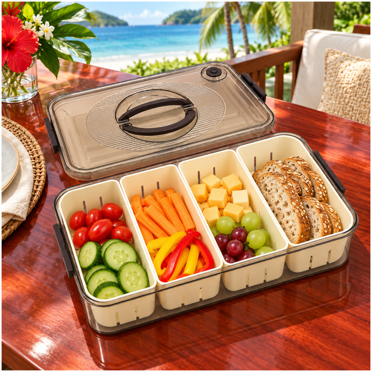 Portable 4-Compartment Snack Platter for Home, Picnics, Parties and Travel