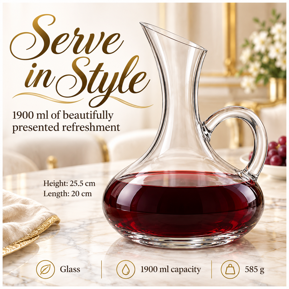 Clear Glass Decanter with Handle - 1900ml Elegant Table Serving Carafe