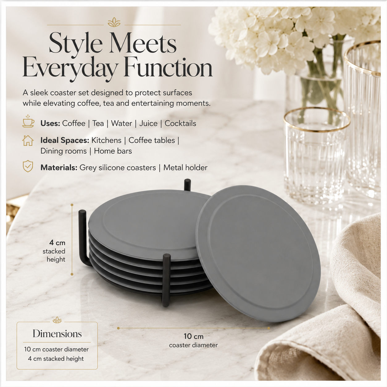Grey Silicone Drink Coaster Set with Space - 6 Piece Set With Metal Holder