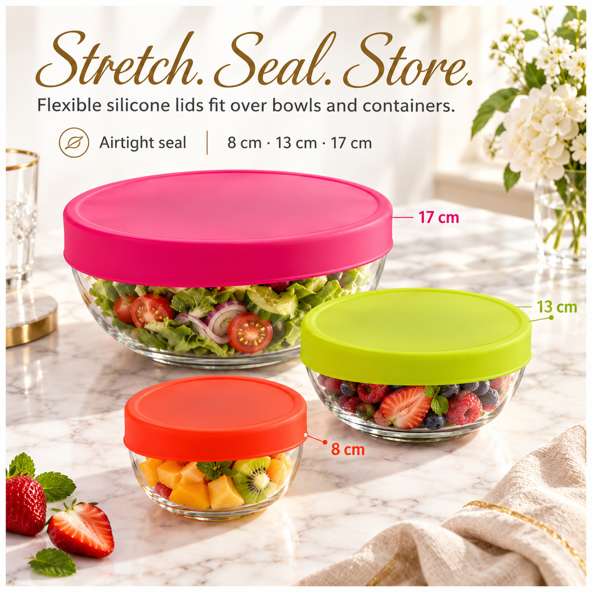 Flexible Silicone Stretch Lids 3-Piece Set | Airtight Food Covers, 8–17 cm