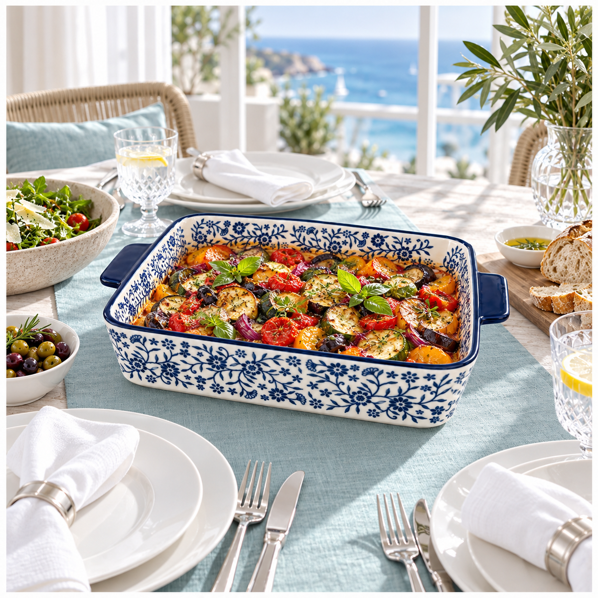 Elegant Blue and White Floral Porcelain Baking Dish with Handles - 29.5cm