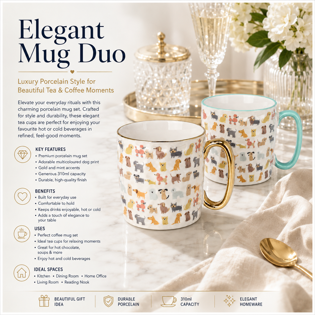Classic Animal-Print Porcelain Mug Set of 2 –310ml - Hot and Cold Drinkware