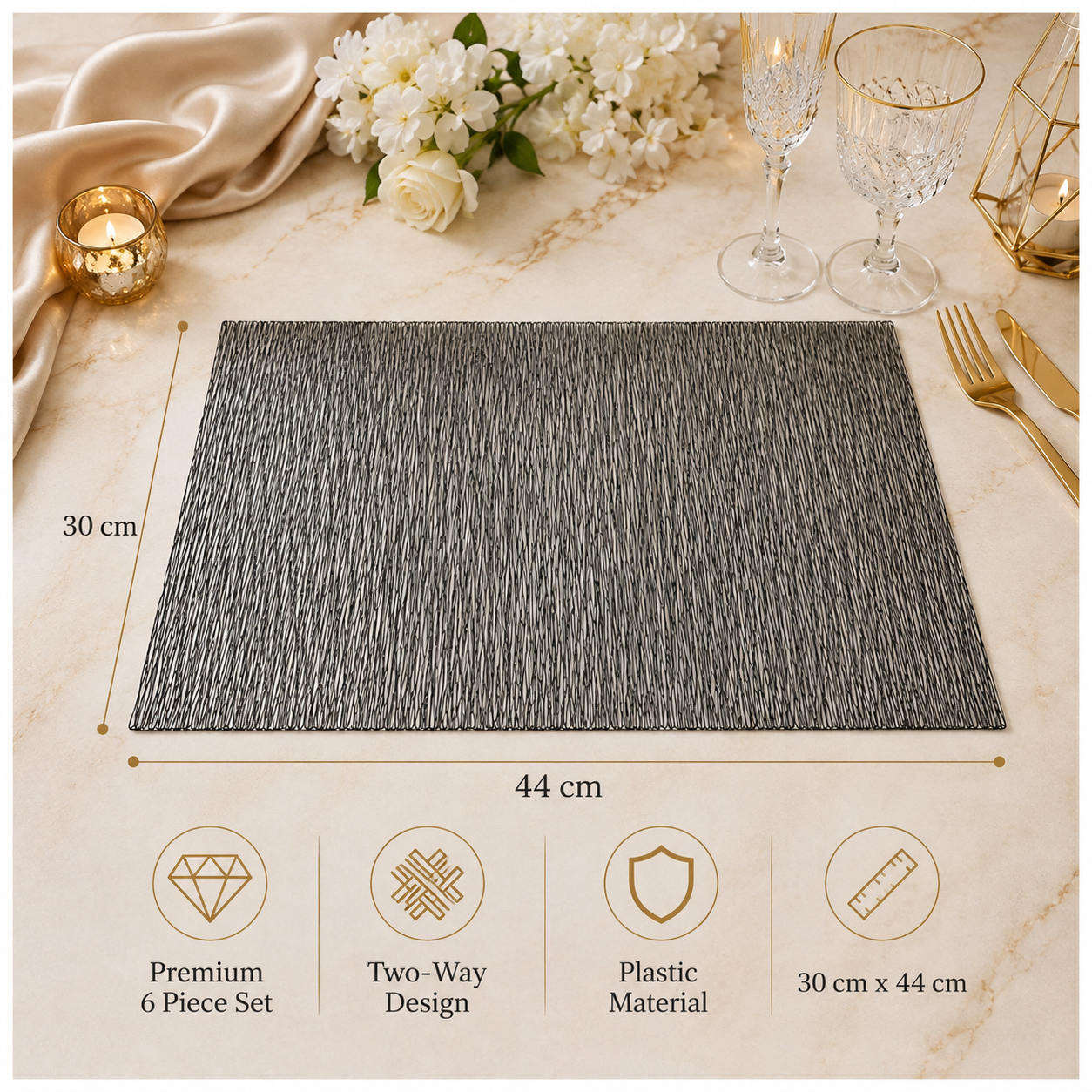 6-Piece Reversible Black Textured Waterproof Placemats – Dining Table Mats
