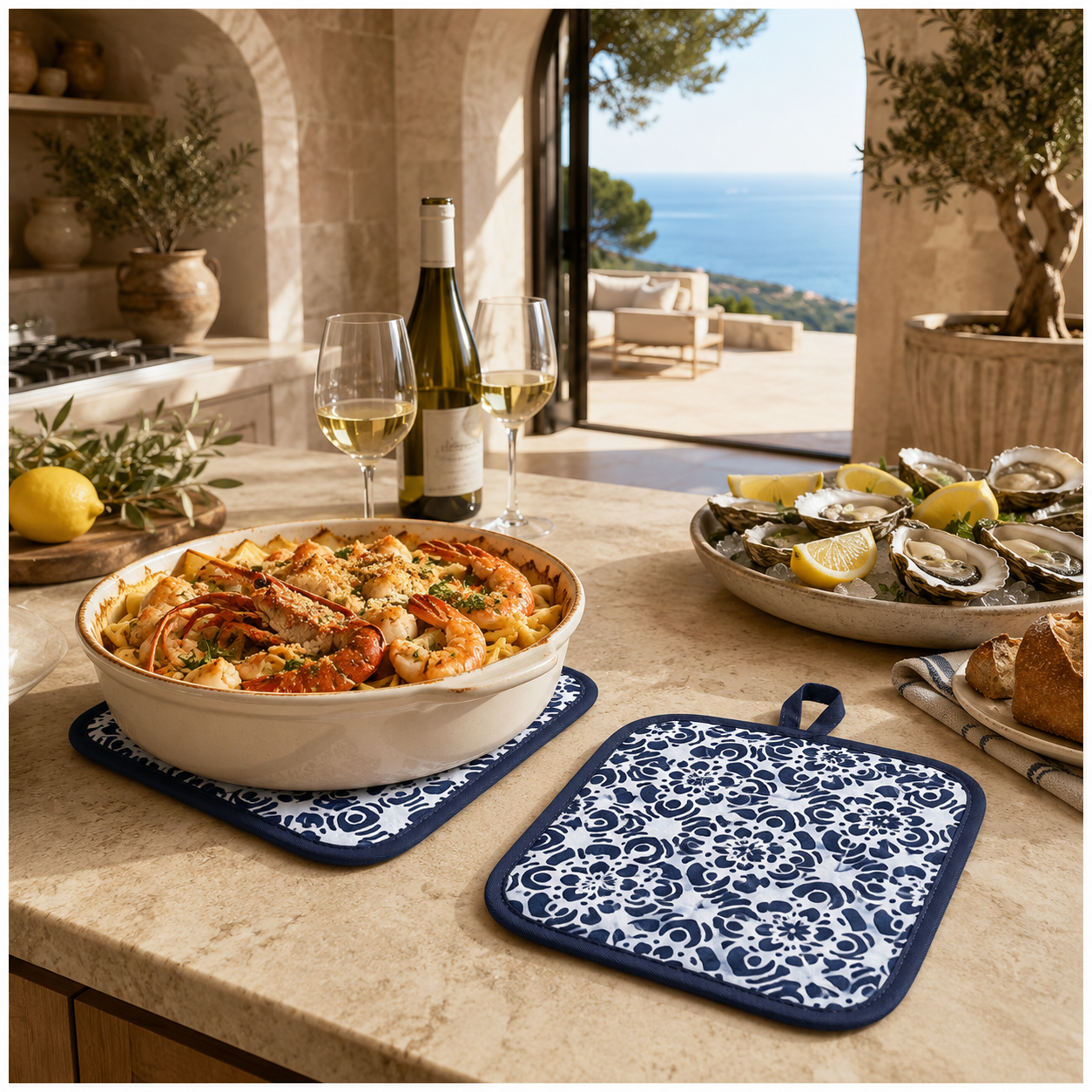 2-Piece Heat-Resistant Cotton Kitchen Potholder Set –Blue and White- 20 cm