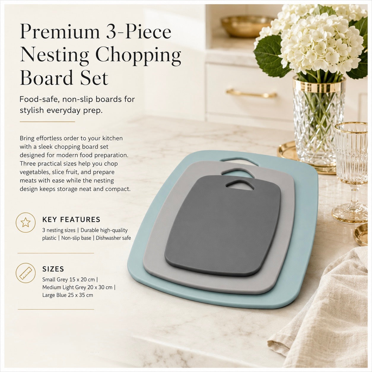 3-Piece Nesting Chopping Board Set – Food-Safe - Non-Slip - Dishwasher Safe