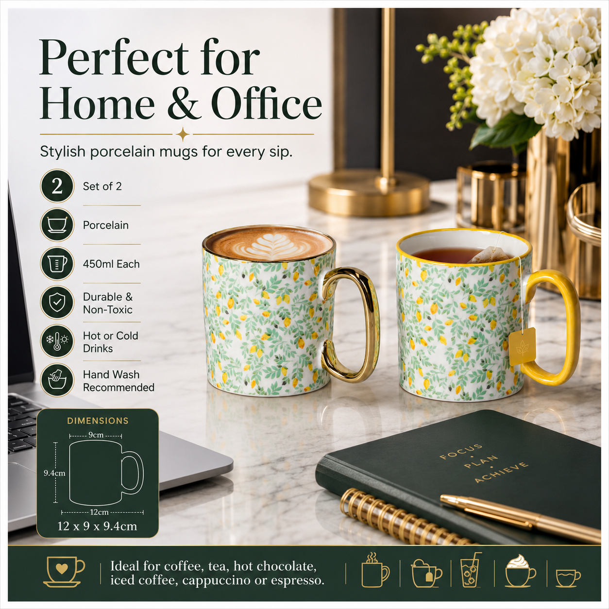 2-Piece Floral Porcelain Coffee Mug Set–Elegant Hot and Cold Beverage Mugs