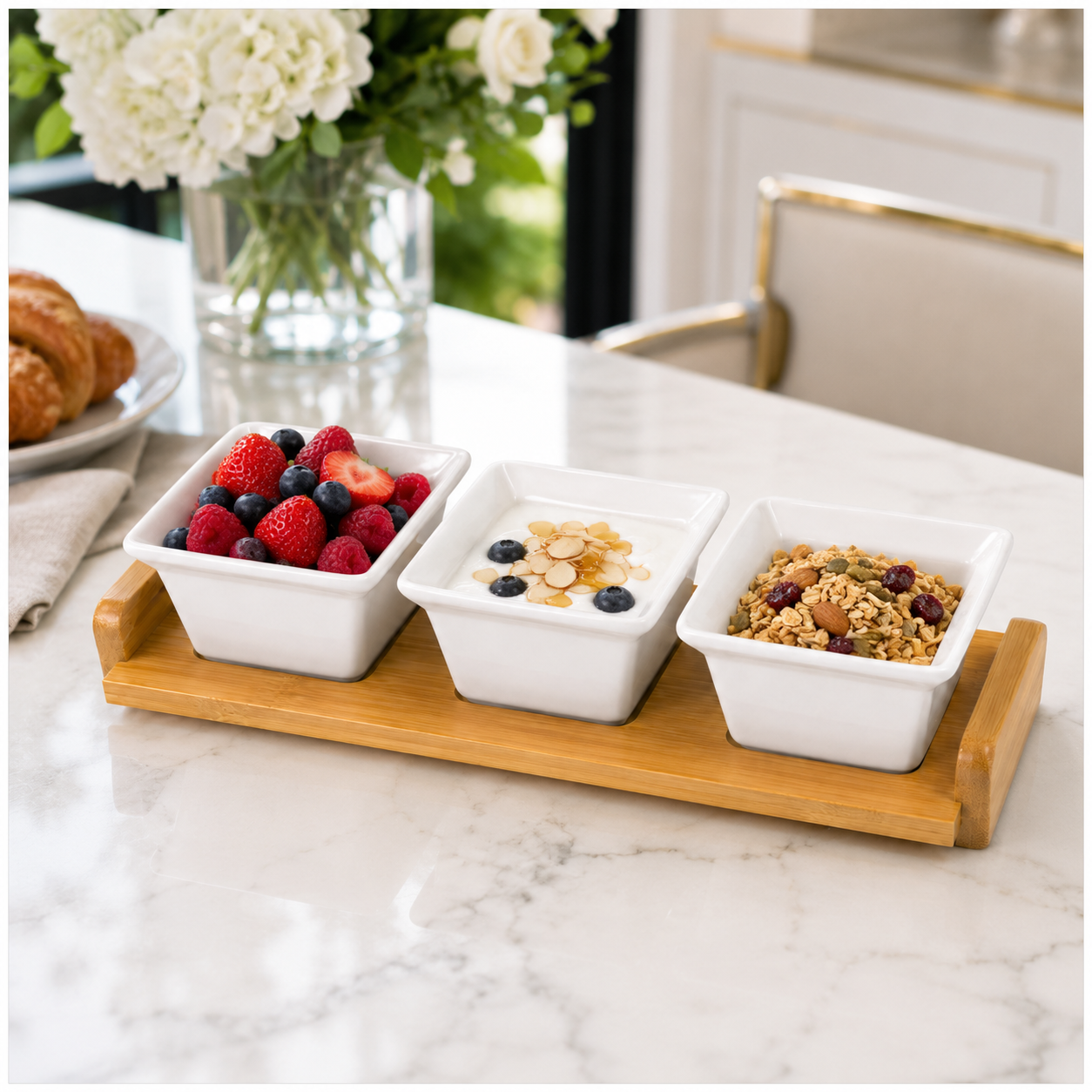 Elegant 4-Piece Ceramic Snack Serving Bowls with Bamboo Tray- 33 x 12 cm