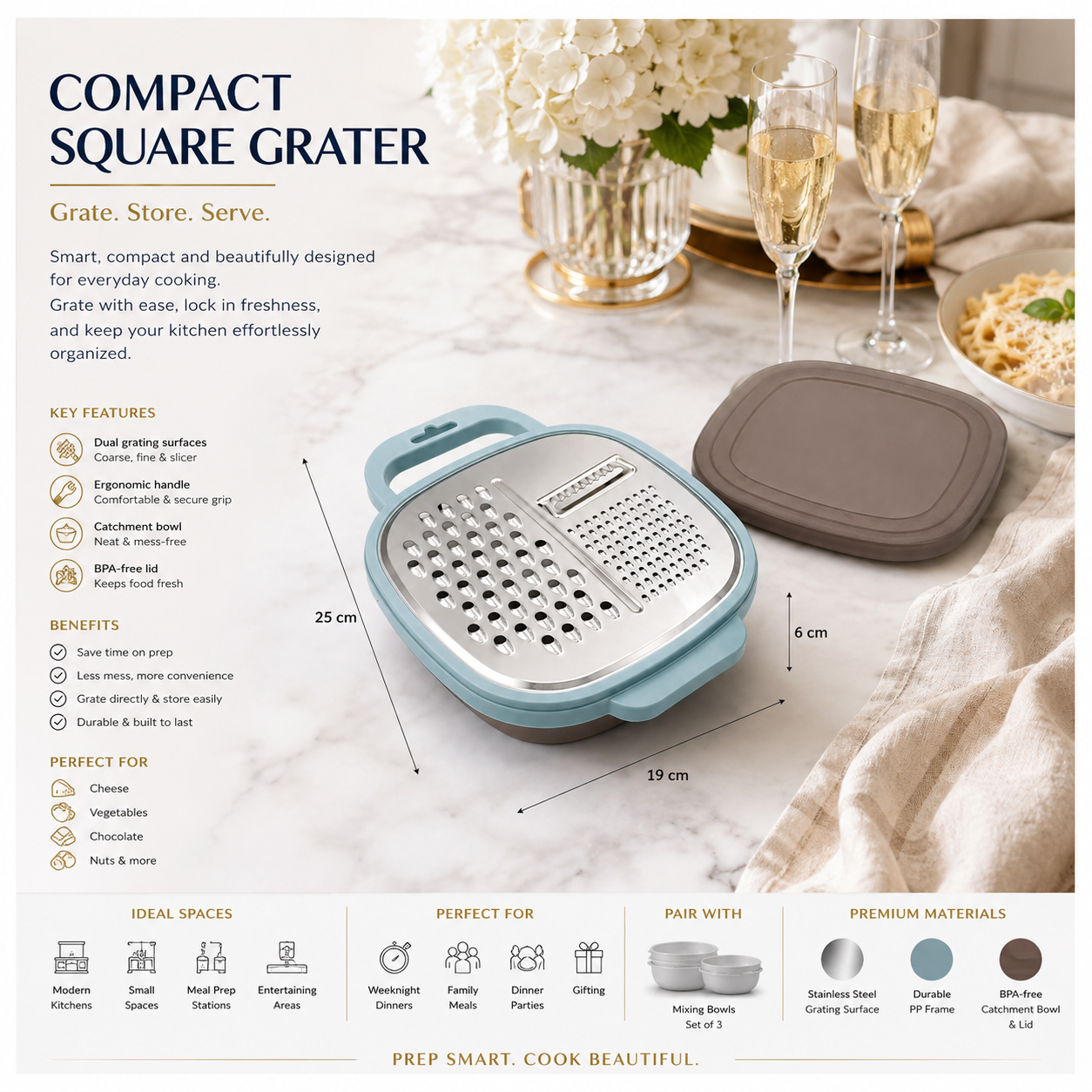 Essential 2-in-1 Stainless Steel Box Grater with Storage Container and Lid