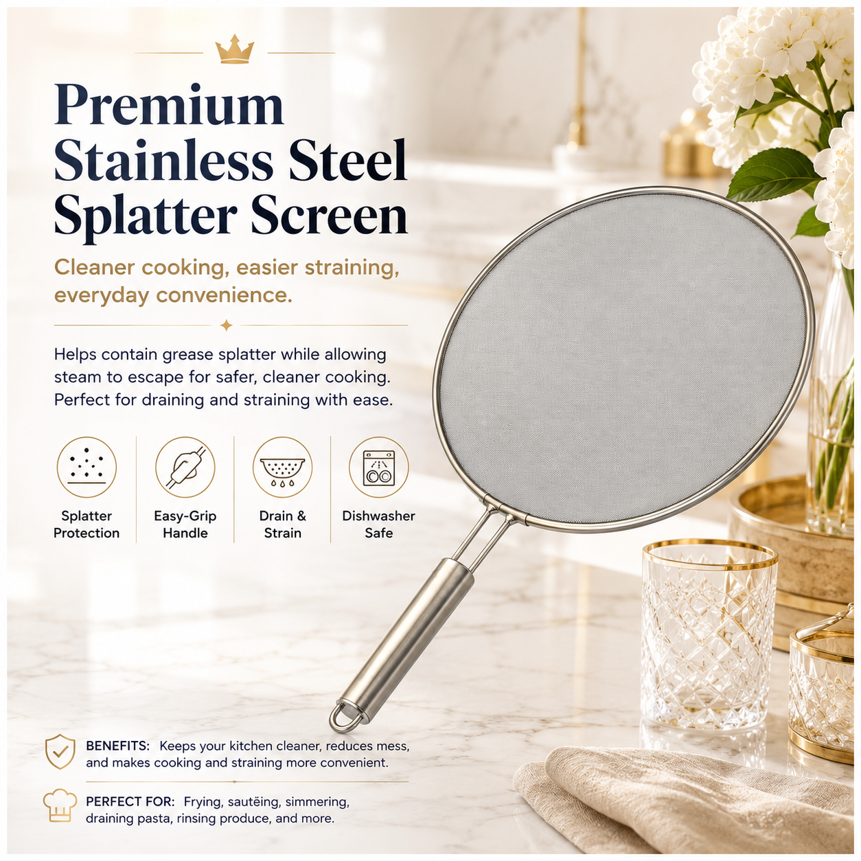 30cm Stainless Steel Splatter Screen with Easy-Grip Handl