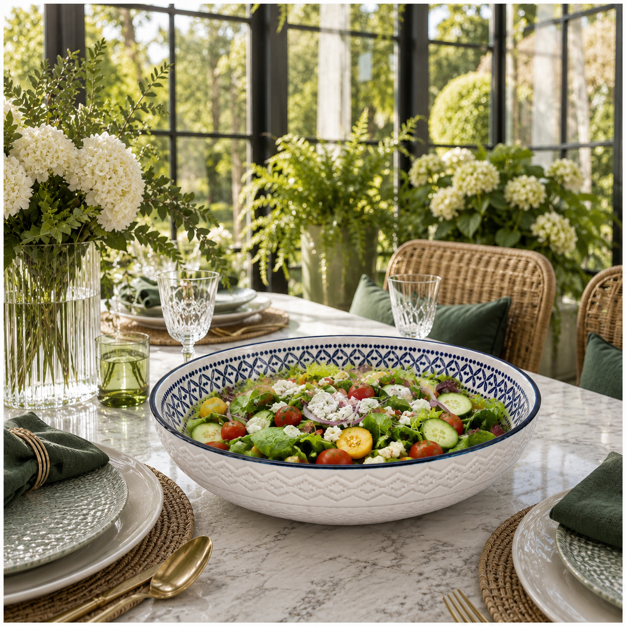 Luxury Large Ceramic Salad Serving Bowl 31cm–Navy and White -Floral Design