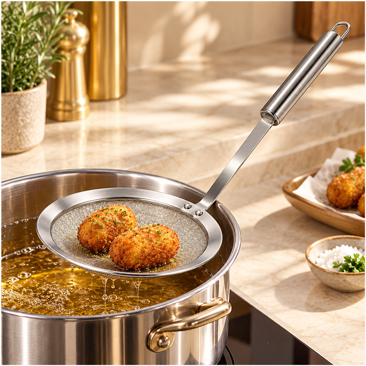 Stainless Steel Fine Mesh Strainer and Skimmer - Long Round Handle Silver
