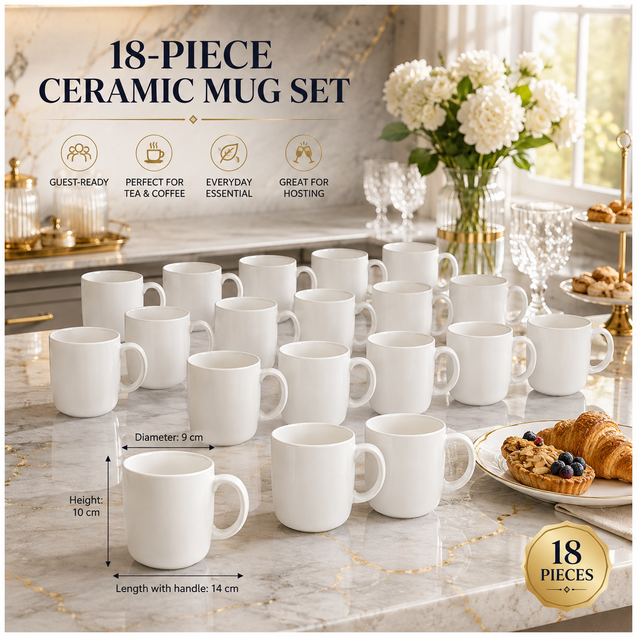 Essential 18-Piece White Ceramic Mug Set for Tea, Coffee and Entertaining