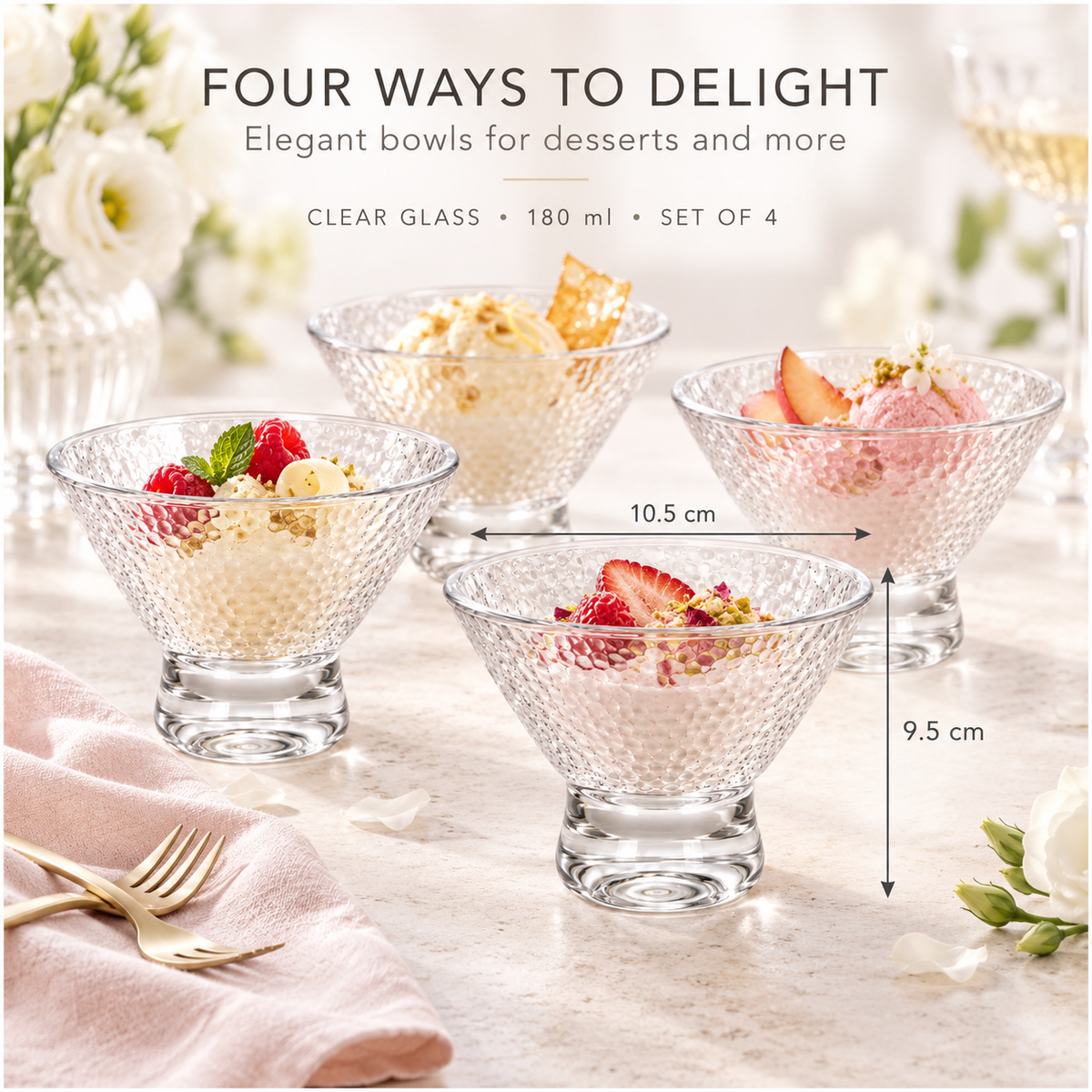 Elegant Glass Footed Dessert Bowls 180ml – Clear Textured Set of 4