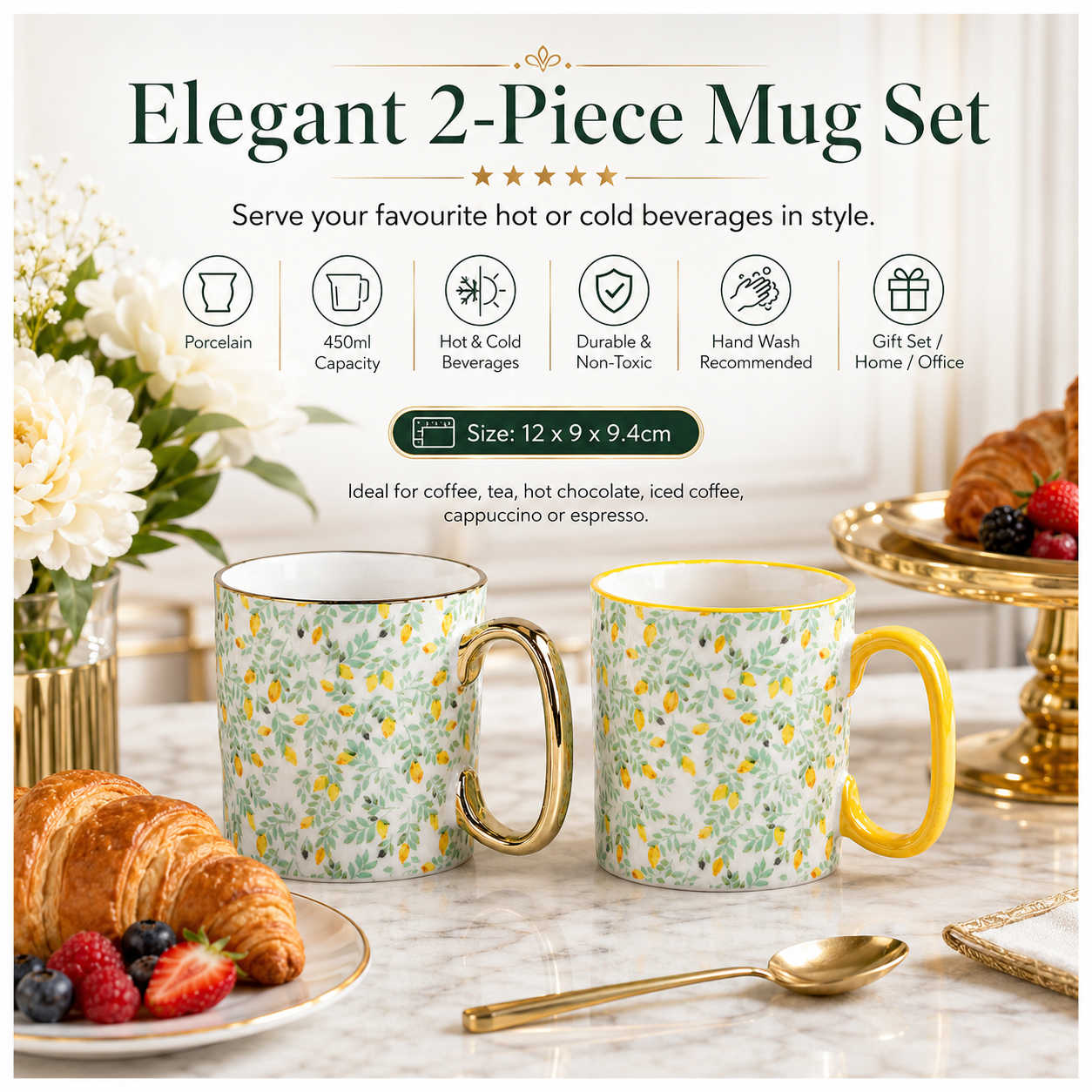 2-Piece Floral Porcelain Coffee Mug Set–Elegant Hot and Cold Beverage Mugs