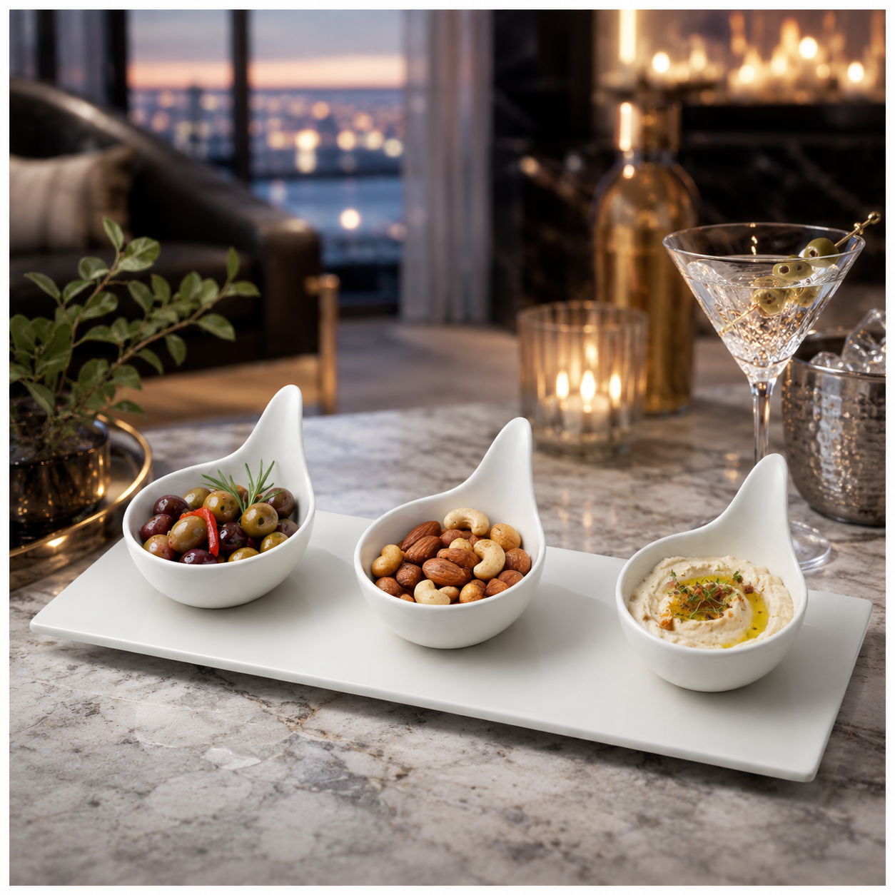 Luxury 3-Piece High Quality Fine Porcelain Serving Bowl and Tray Set- White