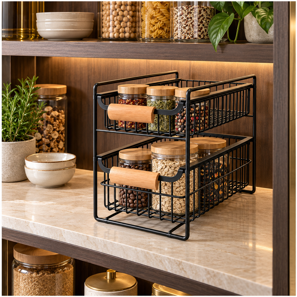 2-Tier Iron Drawer Organiser with Beechwood Handles for Convenient Storage