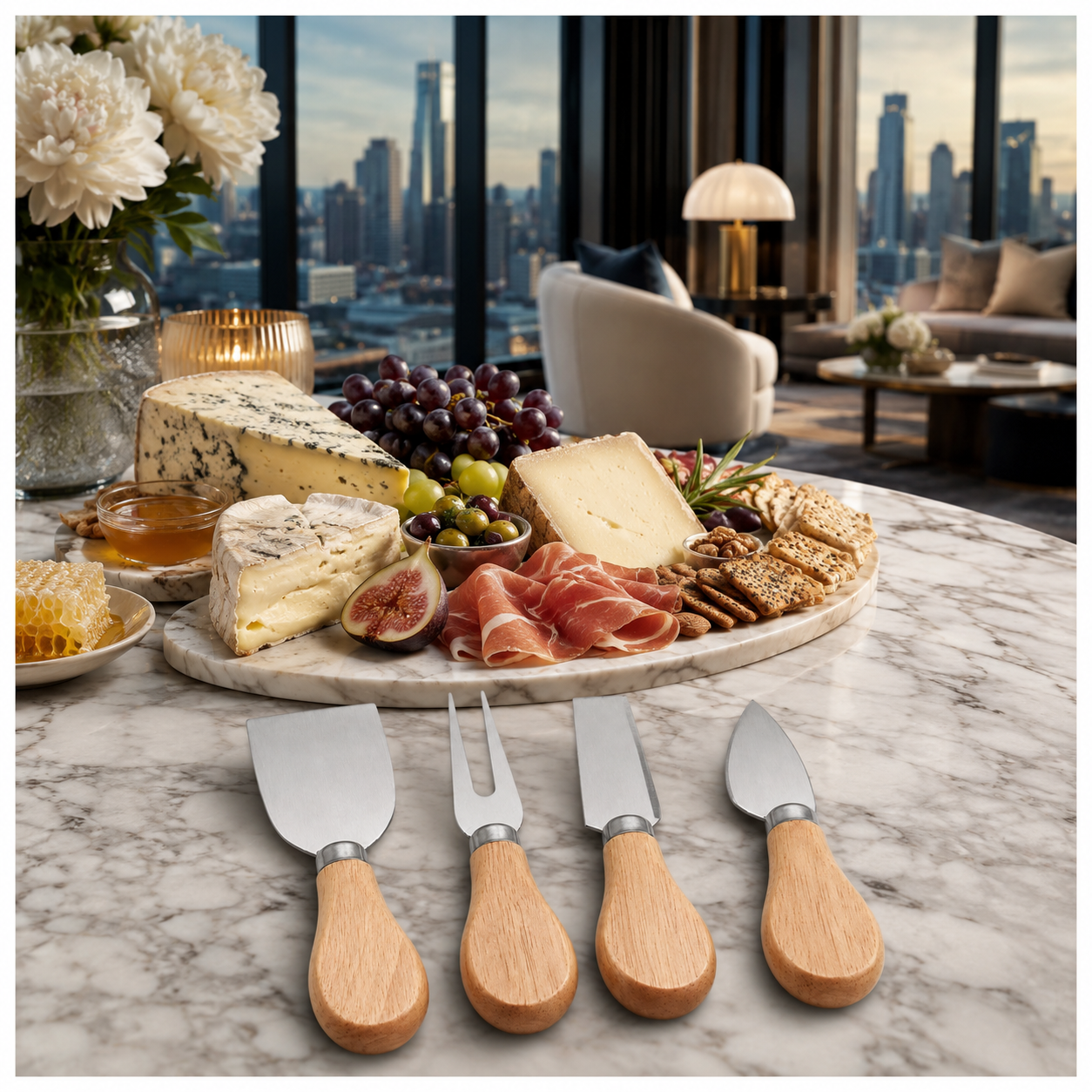 4-Piece Beech Wood Cheese Knife Serving Set - 12 cm
