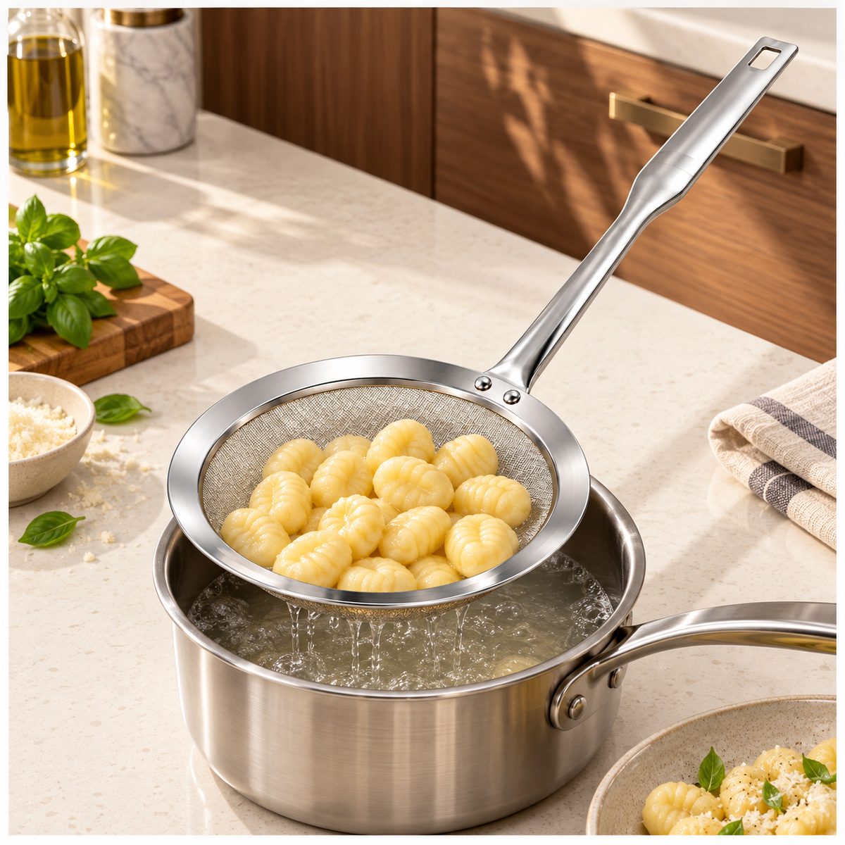 Stainless Steel Fine Mesh Strain Skimmer with Long Flat Handle – Silver