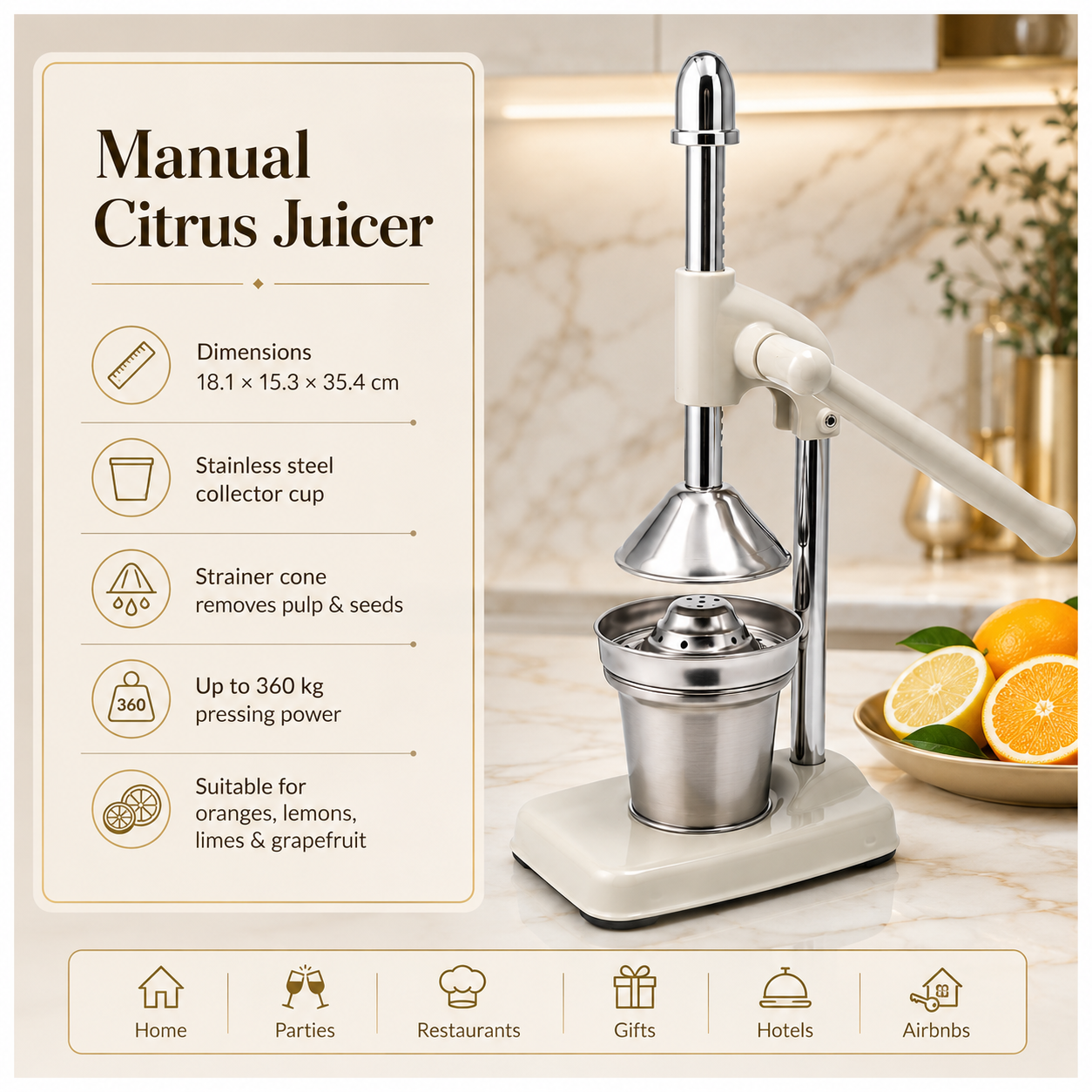Manual Citrus Juicer- Lever Arm Juice Press with Stainless Steel Cup- 35 CM