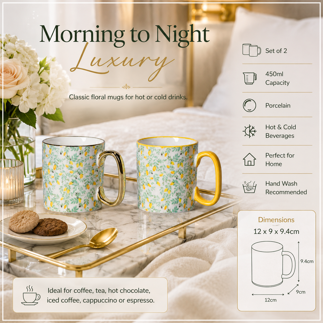 2-Piece Floral Porcelain Coffee Mug Set–Elegant Hot and Cold Beverage Mugs