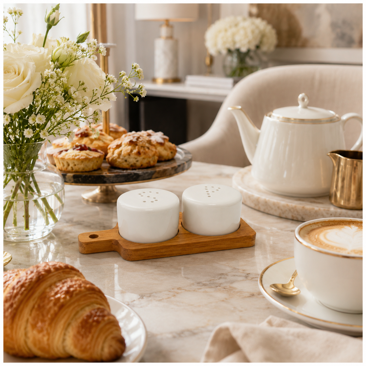 Classic Salt and Pepper Shakers with Bamboo Board – 3 Piece Porcelain Set