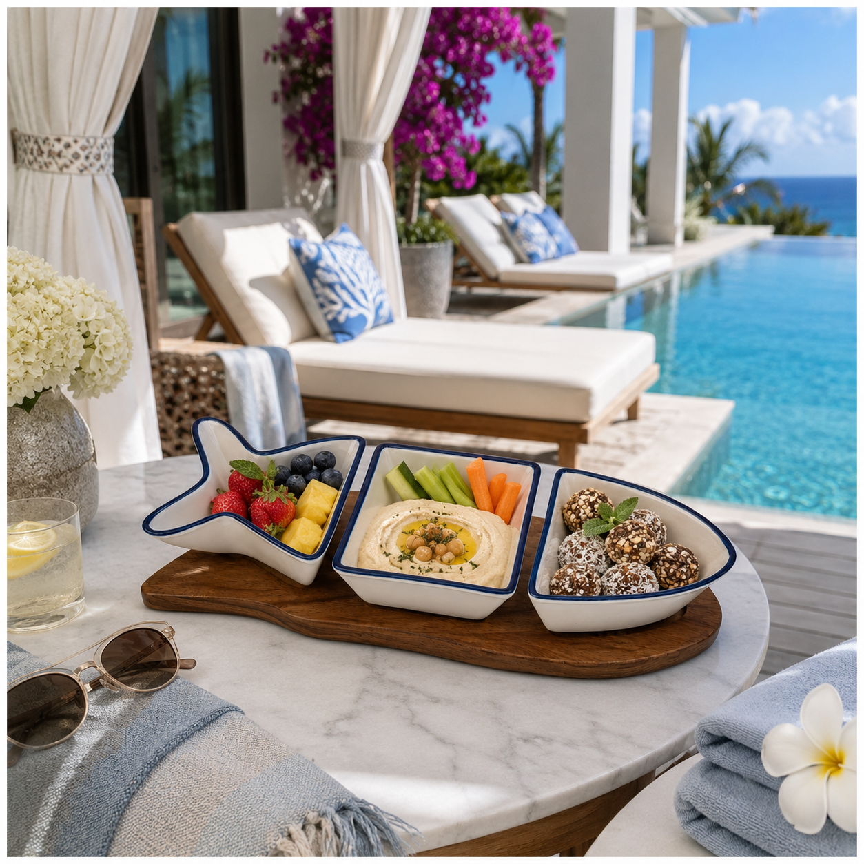 Beautiful Ceramic Fish-Shaped 4-Piece Snack Platter Wooden Acacia Tray