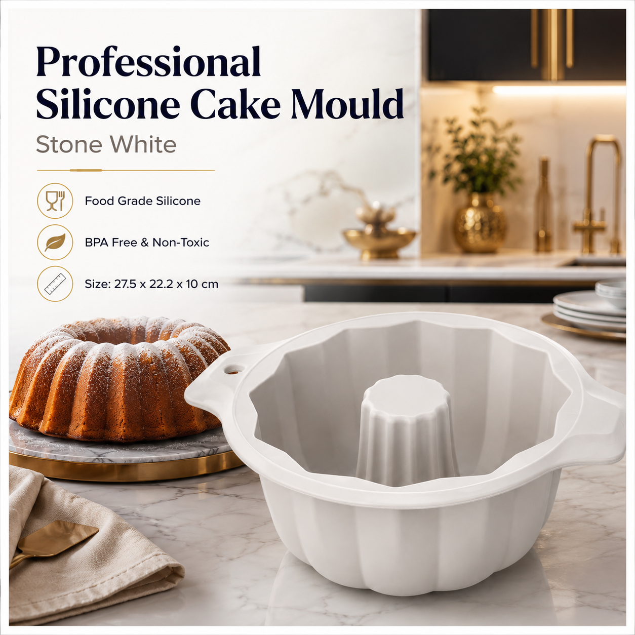 BPA Free Professional Silicone Cake Mould – Stone White Round Bundt Mould