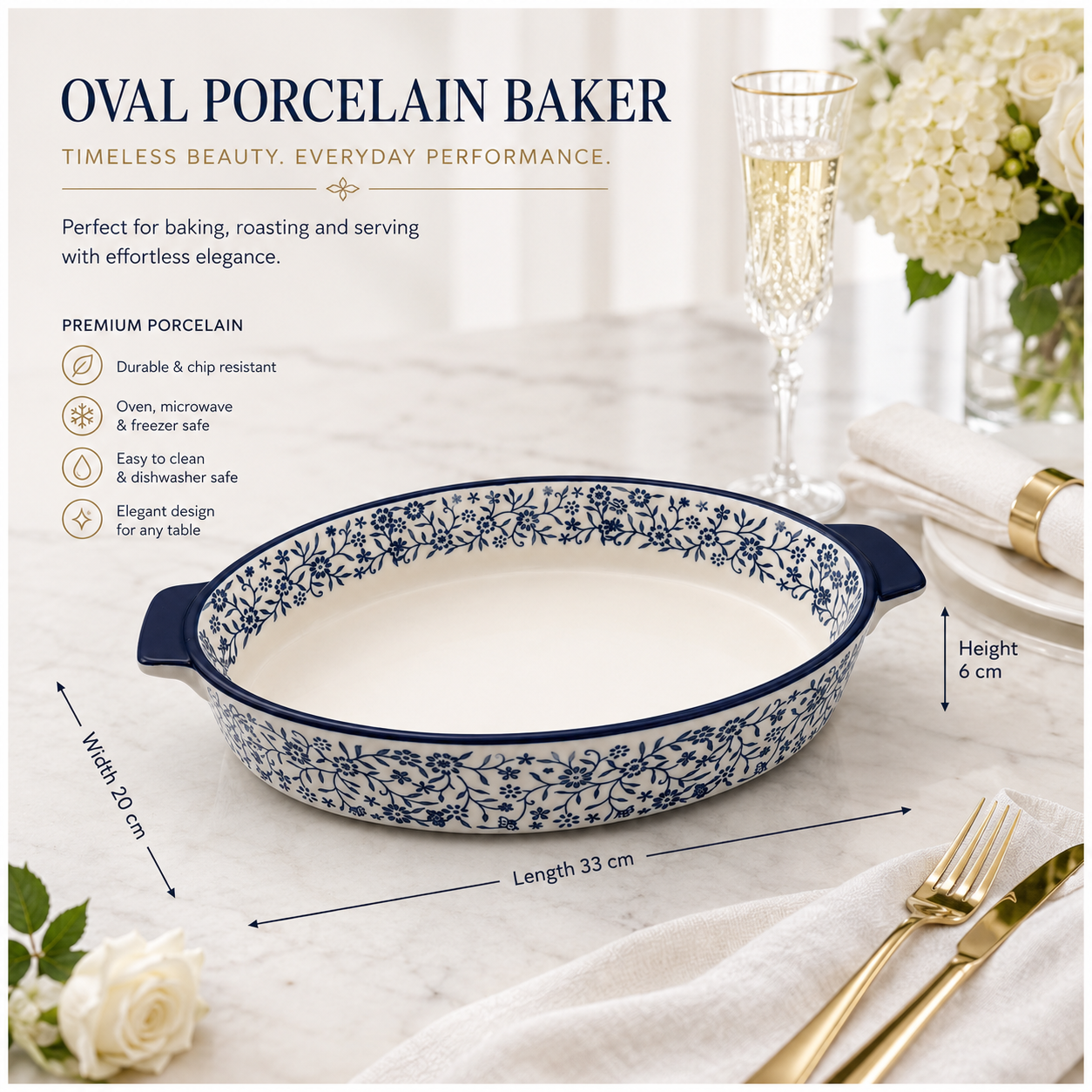 33cm Blue Floral Porcelain Oval Baking Dish with Handles