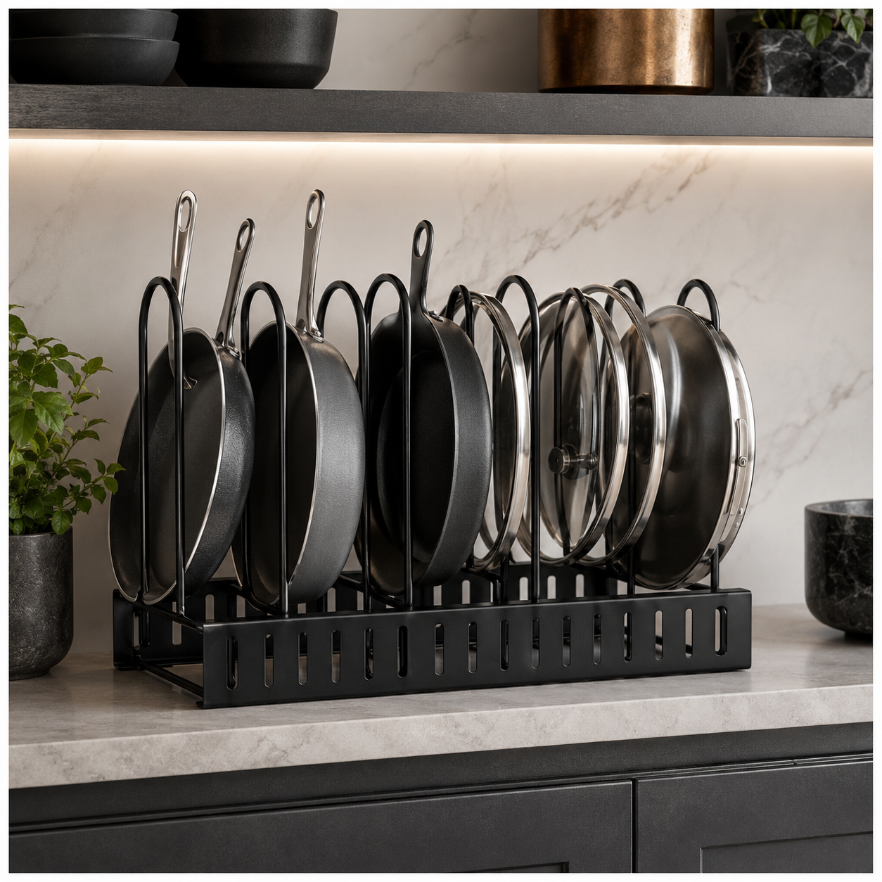 Essential Black Metal Adjustable Cookware Storage Rack-Cookware Organizer