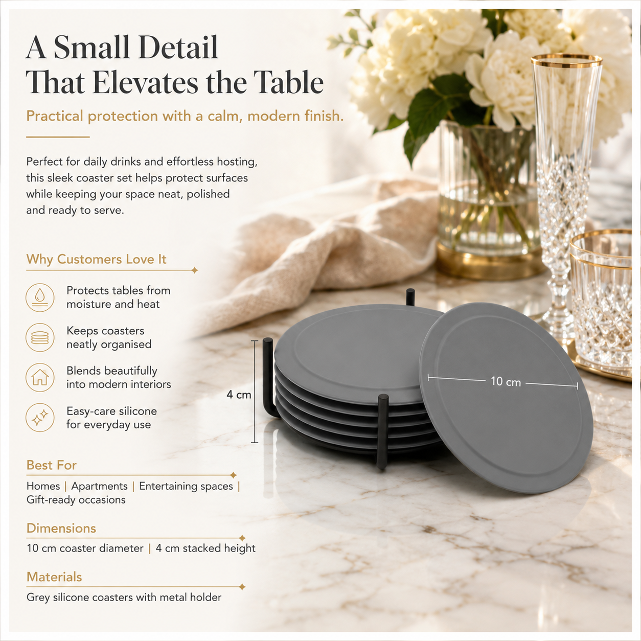 Grey Silicone Drink Coaster Set with Space - 6 Piece Set With Metal Holder