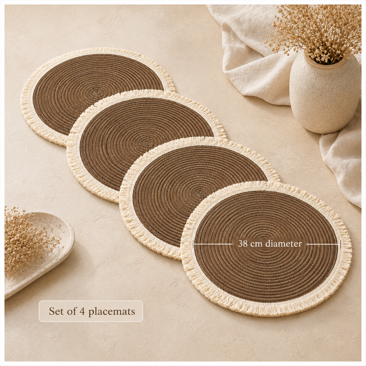 Essential 4-Piece Round Woven Fringe Placemat Set – 38 cm
