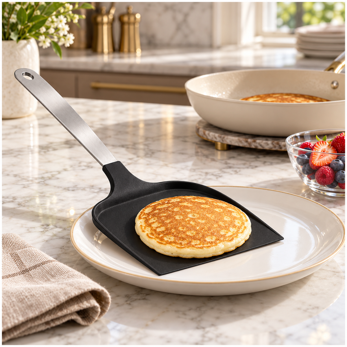 Wide Pancake Turner Spatula–Flexible Head and Stainless Steel Handle, 32 cm